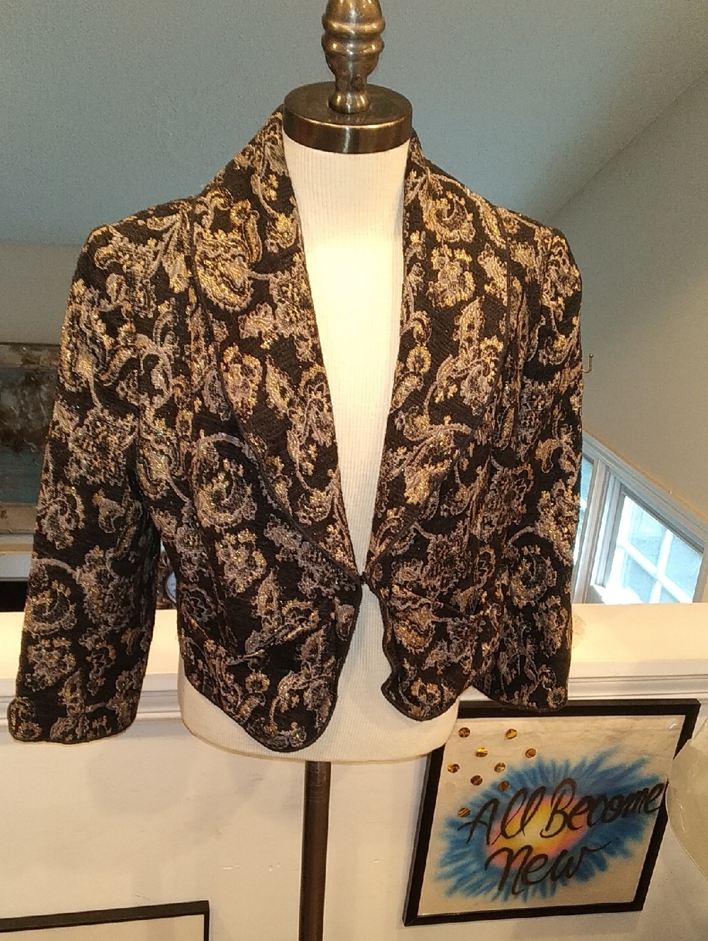 Womens Black & Gold Brocade Cropped Jacket